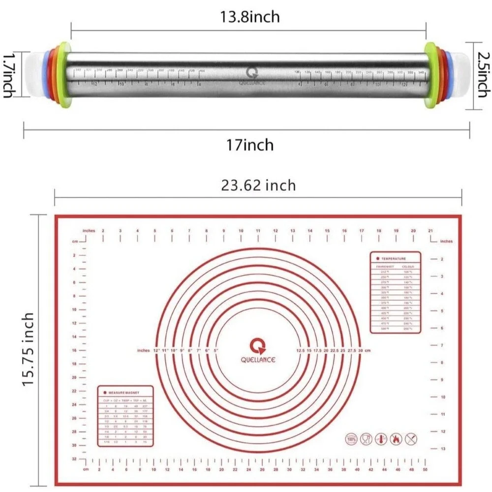Rolling Pin & Pastry Baking Mat Set Rolling Pins W/ Adjustable Thickness Rings